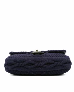 Shoulder Bags*Chanel Preloved Small Cable Knit Flap Shoulder Bag with Chain Straps Blue