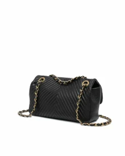 Shoulder Bags*Chanel Preloved Small Chevron Wrinkled Lambskin Medallion Charm Surpique Flap Black