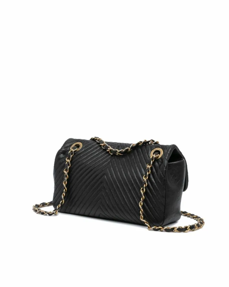 Shoulder Bags*Chanel Preloved Small Chevron Wrinkled Lambskin Medallion Charm Surpique Flap Black
