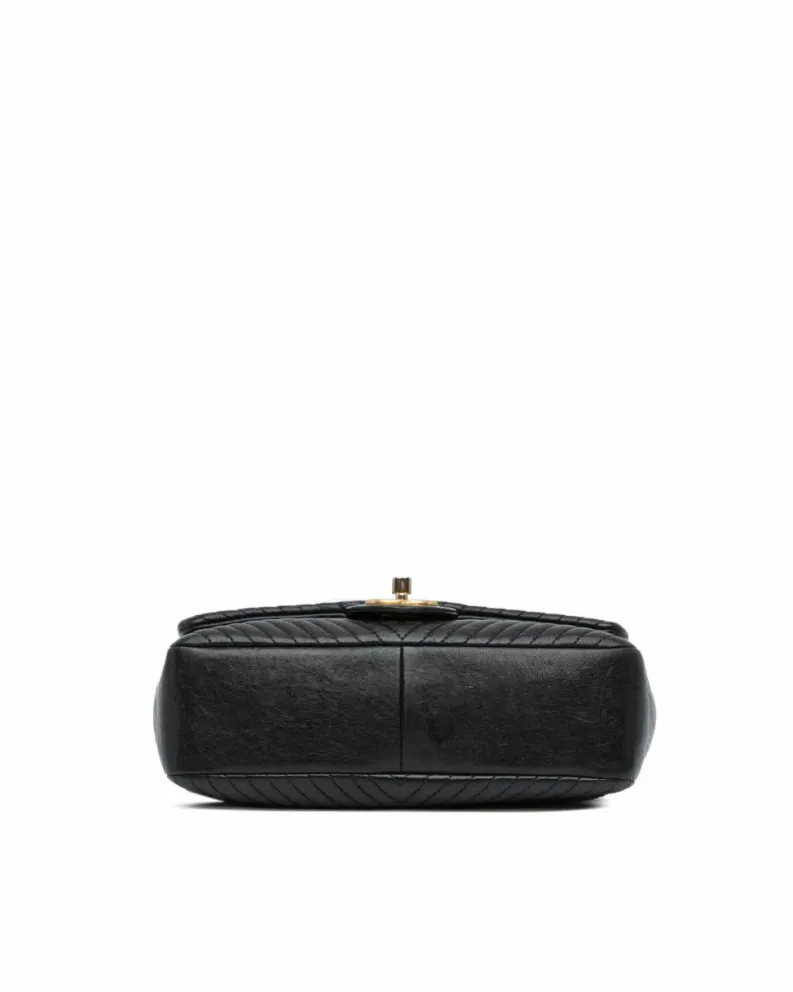 Shoulder Bags*Chanel Preloved Small Chevron Wrinkled Lambskin Medallion Charm Surpique Flap Black