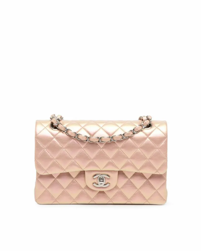 Shoulder Bags*Chanel Preloved Small Classic Iridescent Lambskin Double Flap Shoulder Bag Pink