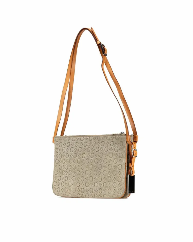 Cross-Body Bags*Celine Preloved Suede Double Zip Crossbody Bag with Silver-Tone Hardware Brown