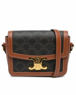 Cross-Body Bags*Celine Preloved Teen Coated Canvas Crossbody Bag with Leather Trim and Push Brown