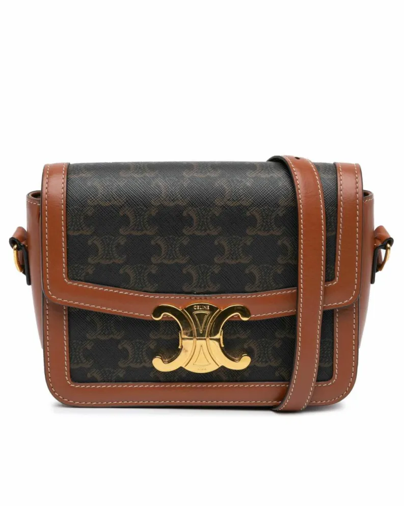Cross-Body Bags*Celine Preloved Teen Coated Canvas Crossbody Bag with Leather Trim and Push Brown