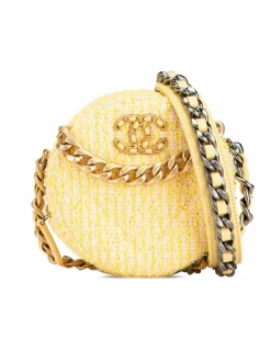 Clutch Bags*Chanel Preloved Tweed Round Clutch with Chain-Link Handle and Leather-Woven Yellow