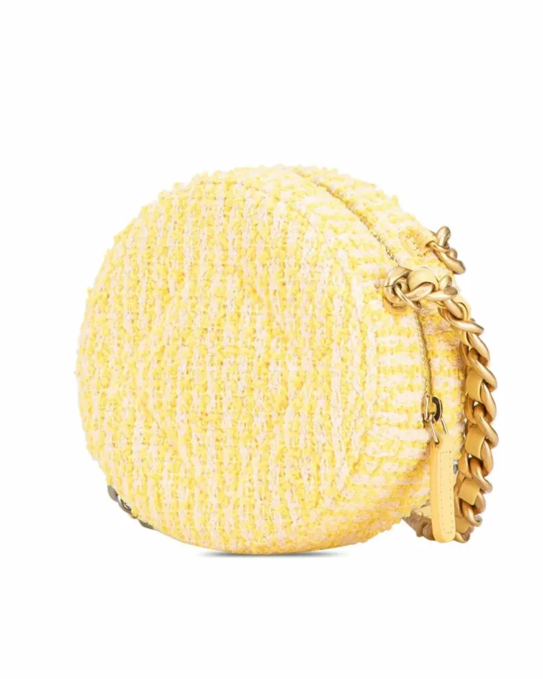 Clutch Bags*Chanel Preloved Tweed Round Clutch with Chain-Link Handle and Leather-Woven Yellow