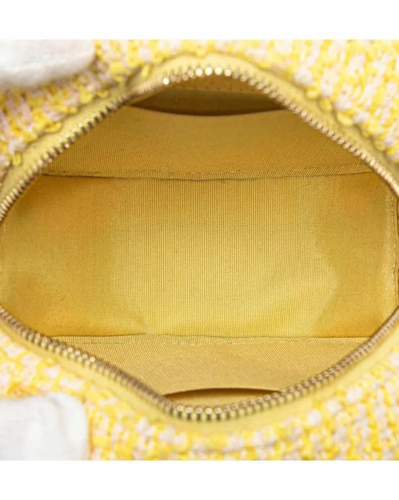 Clutch Bags*Chanel Preloved Tweed Round Clutch with Chain-Link Handle and Leather-Woven Yellow