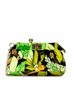 Clutch Bags*Fendi Preloved Velvet Clutch with Chain Link Strap and Twist Lock Closure Green