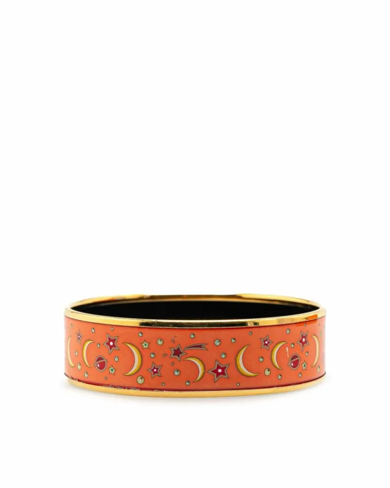 Bracelets*Hermes Preloved Wide Enamel Crescent Moon Star Bracelet Orange