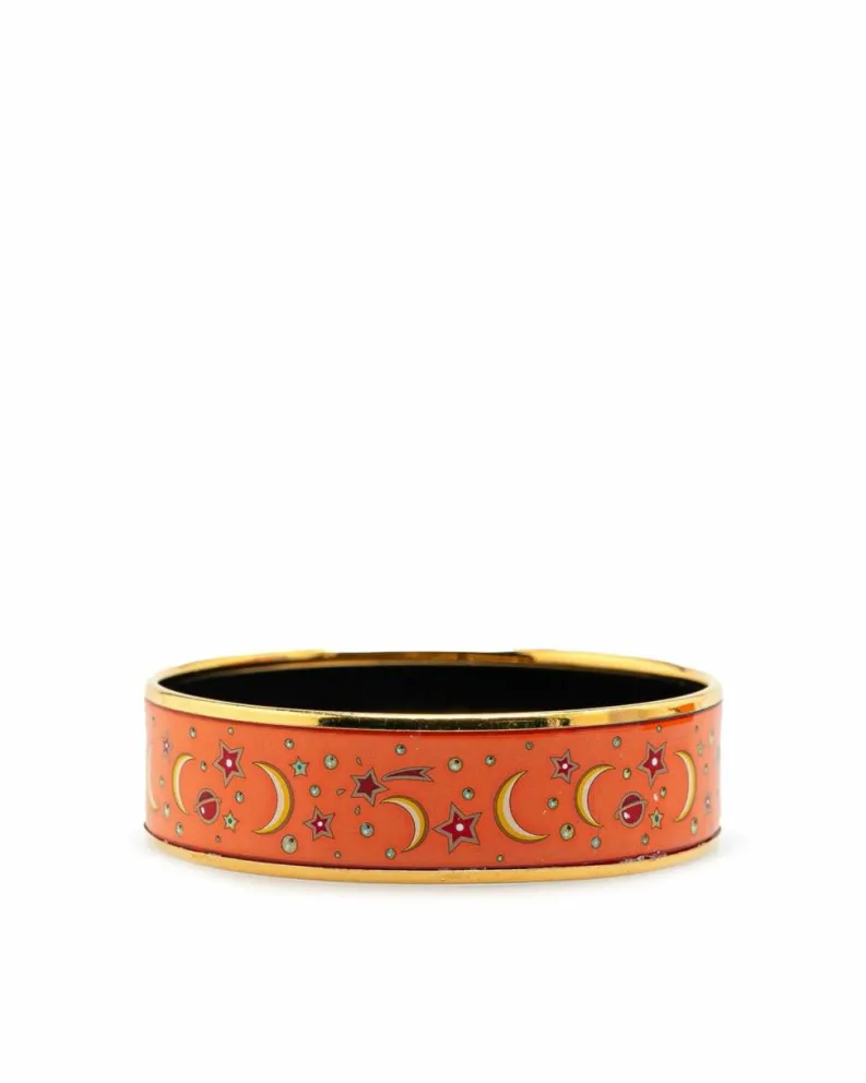 Bracelets*Hermes Preloved Wide Enamel Crescent Moon Star Bracelet Orange