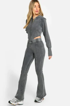 Up To 80% Off Winter Warmers|Athleisure*boohoo Premium Acid Wash Heavyweight Rib Hoodie And Flare Tracksuit charcoal