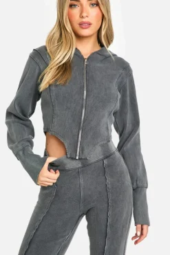 Up To 80% Off Winter Warmers|Athleisure*boohoo Premium Acid Wash Heavyweight Rib Hoodie And Flare Tracksuit charcoal