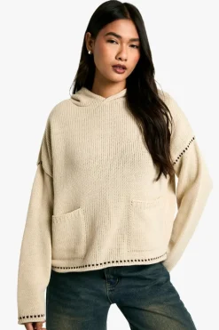 Jumpers|Knitwear*boohoo Premium Blanket Stitch Detail Knitted Hoody stone