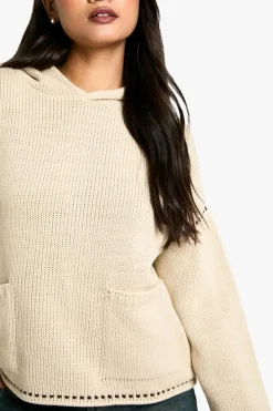 Jumpers|Knitwear*boohoo Premium Blanket Stitch Detail Knitted Hoody stone