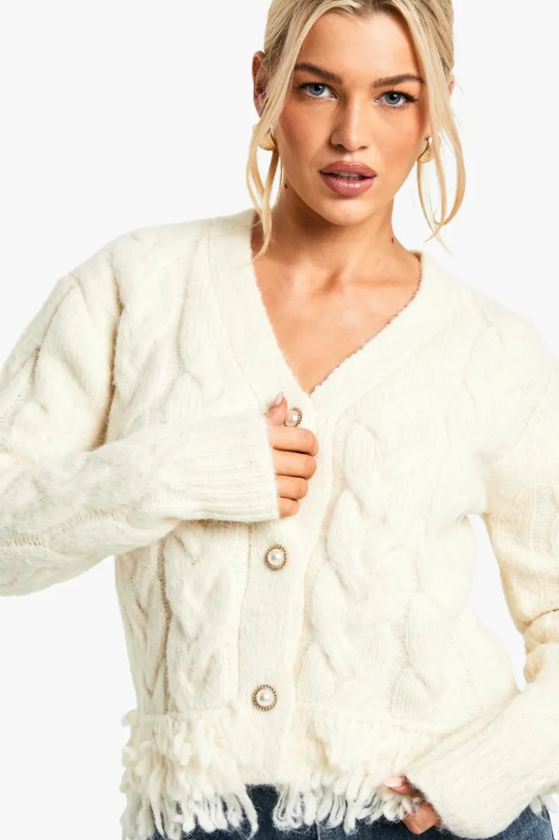 Cardigans|Jumpers & Cardigans*boohoo Premium Cable Knit Fringe Cardigan cream