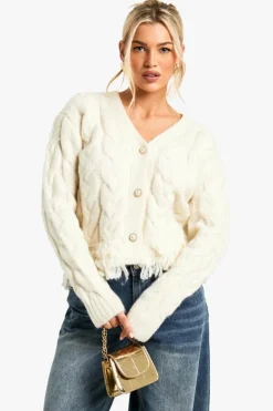 Cardigans|Jumpers & Cardigans*boohoo Premium Cable Knit Fringe Cardigan cream