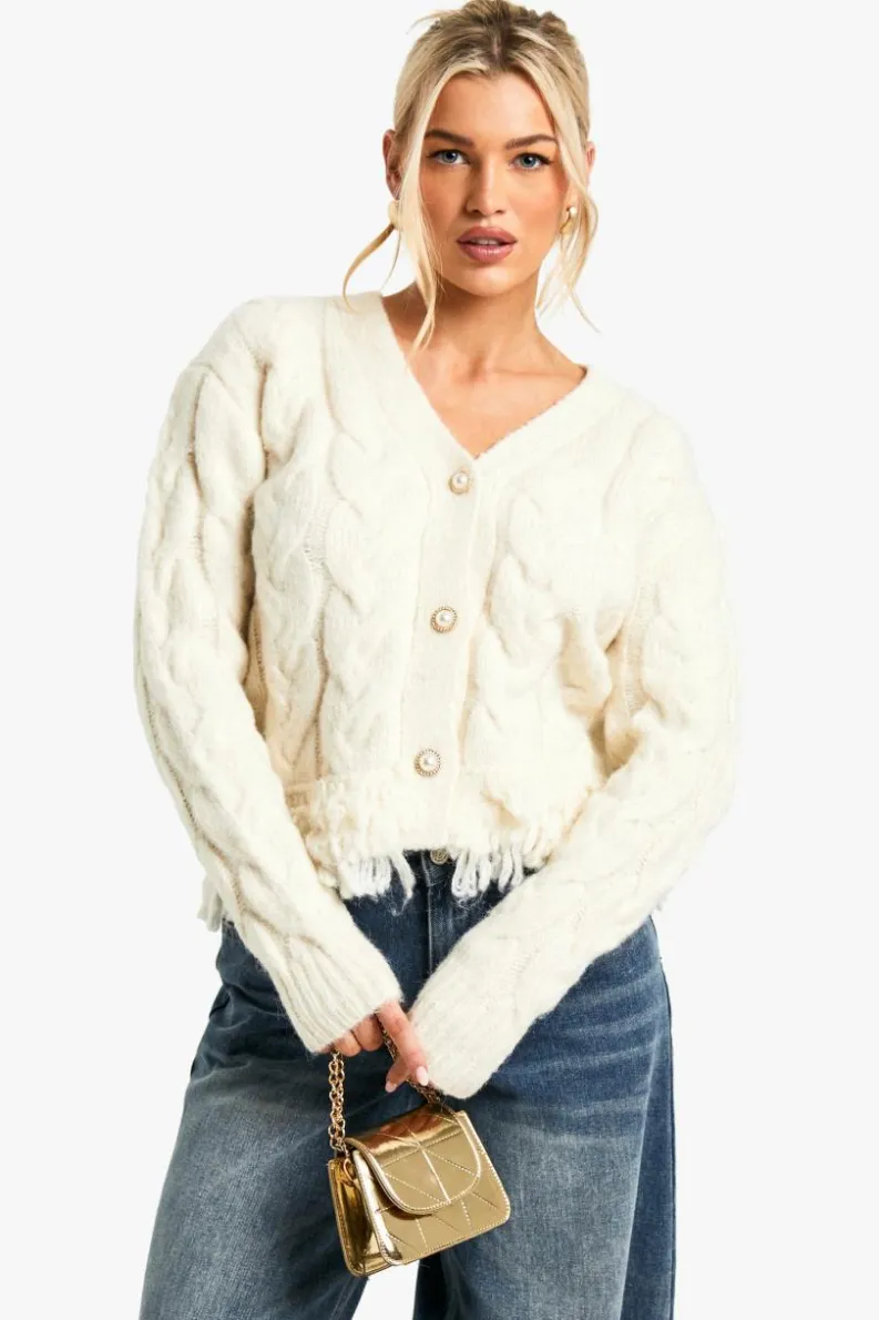 Cardigans|Jumpers & Cardigans*boohoo Premium Cable Knit Fringe Cardigan cream