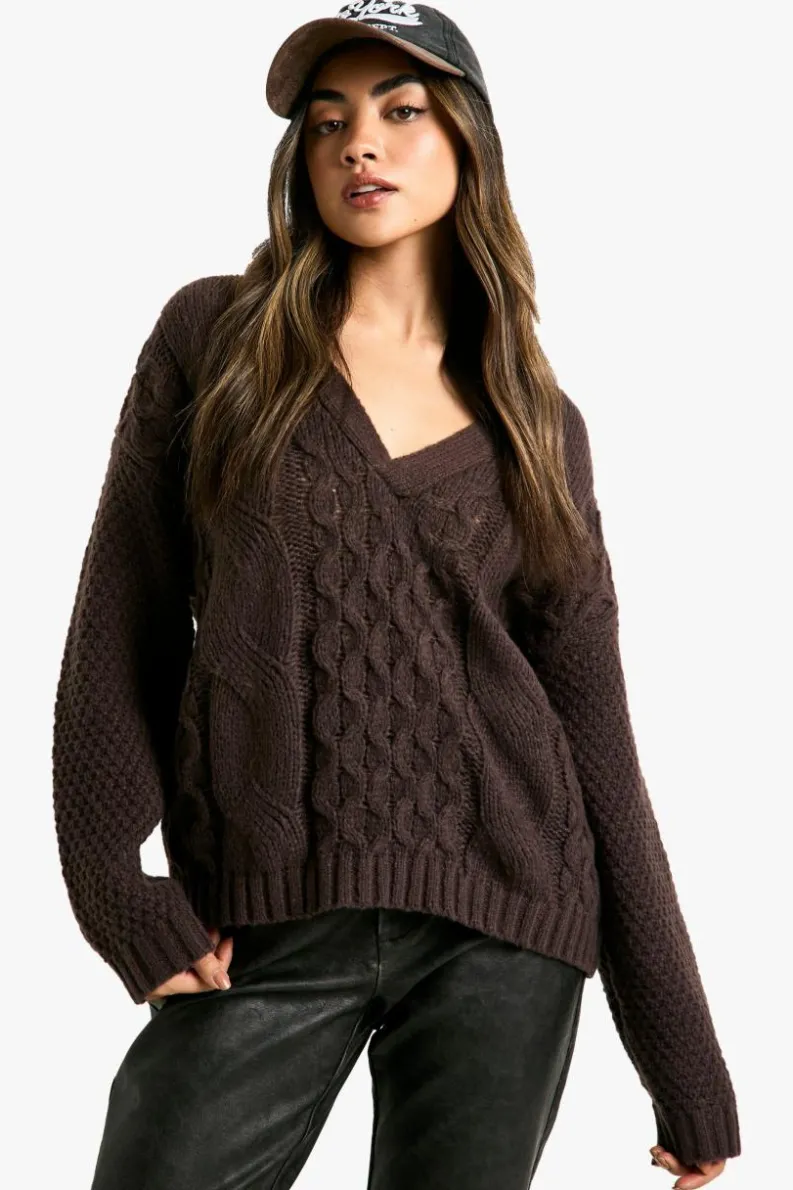 Jumpers|Jumpers & Cardigans*boohoo Premium Cable Knitted V Neck Jumper chocolate