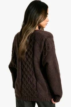 Jumpers|Jumpers & Cardigans*boohoo Premium Cable Knitted V Neck Jumper chocolate