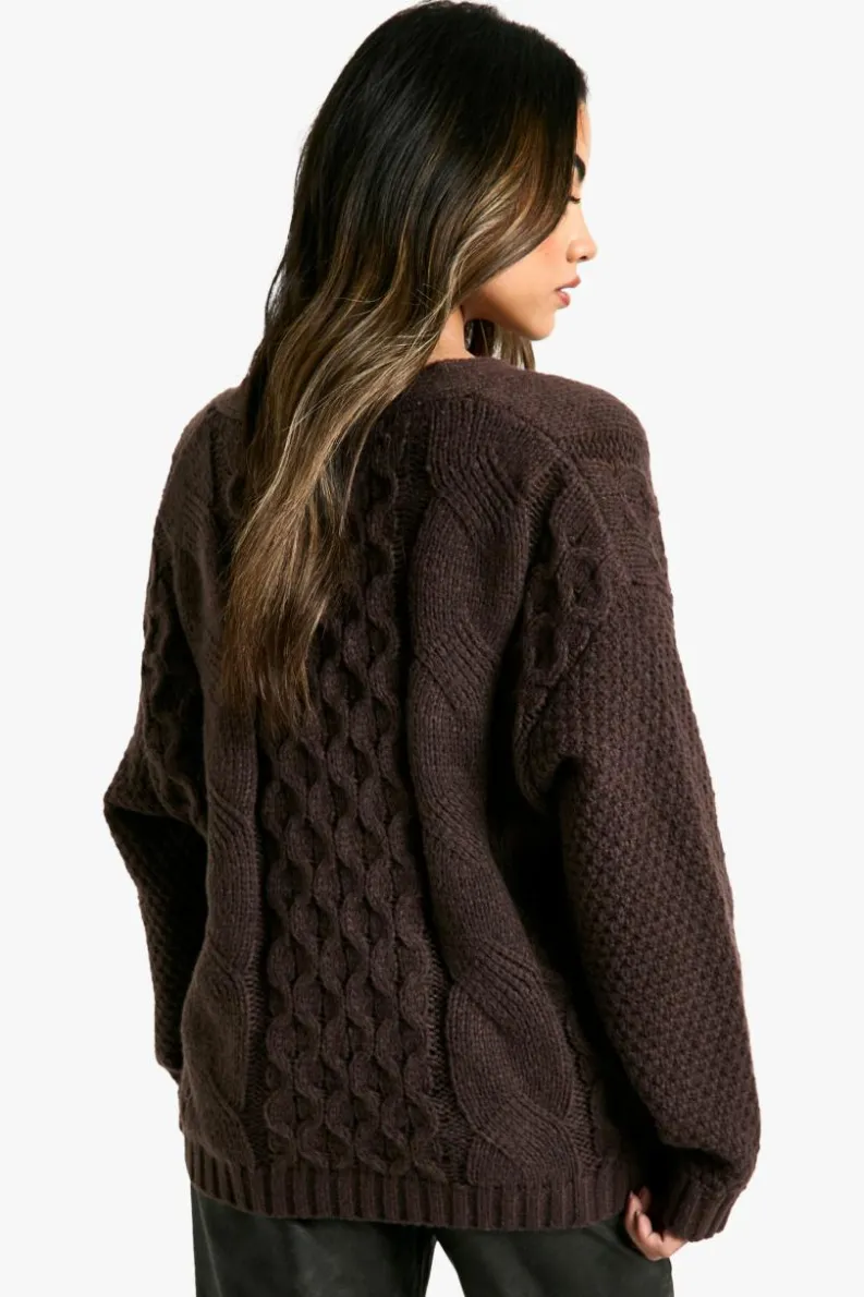 Jumpers|Jumpers & Cardigans*boohoo Premium Cable Knitted V Neck Jumper chocolate