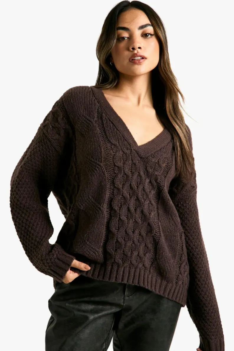 Jumpers|Jumpers & Cardigans*boohoo Premium Cable Knitted V Neck Jumper chocolate