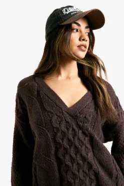 Jumpers|Jumpers & Cardigans*boohoo Premium Cable Knitted V Neck Jumper chocolate