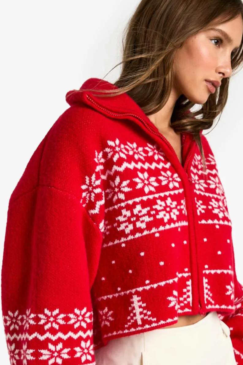 Cardigans*boohoo Premium Christmas Fairisle Zip Up Knitted Cardigan red