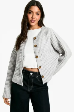 Cardigans*boohoo Premium Chunky Stitch Button Down Knitted Cardigan grey marl