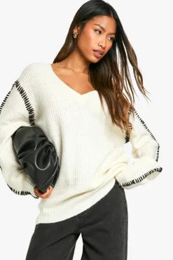 Oversized Jumpers|Jumpers*boohoo Premium Contrast Trim V Neck Longline Jumper ecru
