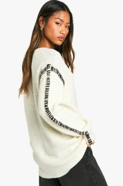 Oversized Jumpers|Jumpers*boohoo Premium Contrast Trim V Neck Longline Jumper ecru