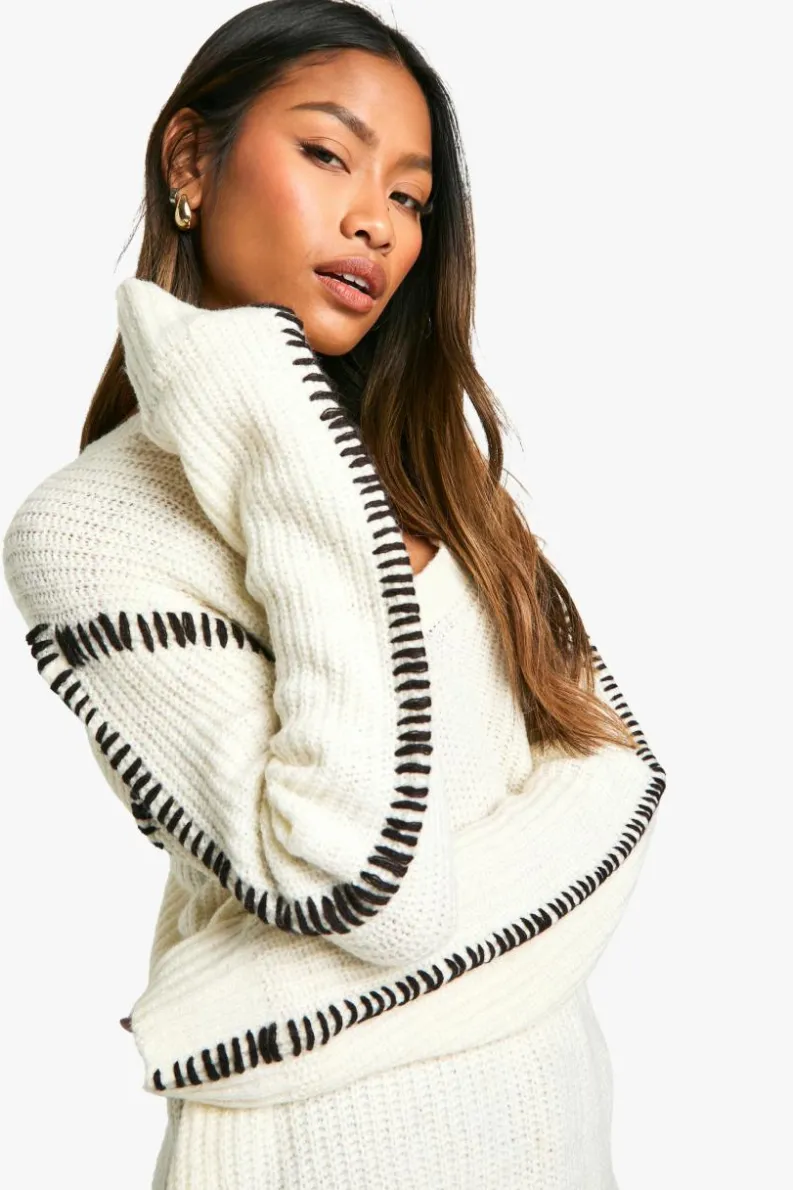Oversized Jumpers|Jumpers*boohoo Premium Contrast Trim V Neck Longline Jumper ecru