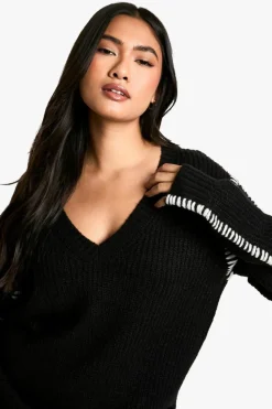 Oversized Jumpers|Jumpers*boohoo Premium Contrast Trim V Neck Longline Jumper black