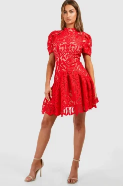 Mini Dresses*boohoo Premium Crochet Lace Puff Sleeve Mini Dress red