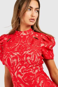 Mini Dresses*boohoo Premium Crochet Lace Puff Sleeve Mini Dress red