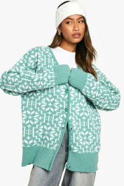 Cardigans*boohoo Premium Fairisle Snowflake Knitted Christmas Cardigan green
