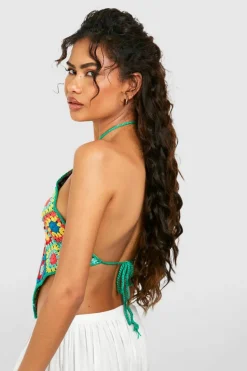 Knitted Tops|Beachwear*boohoo Premium Halterneck Crochet Crop Top green