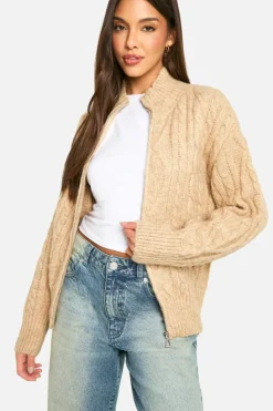 Cardigans|Jumpers & Cardigans*boohoo Premium Heavy Weight Cable Knit Zip Cardigan beige