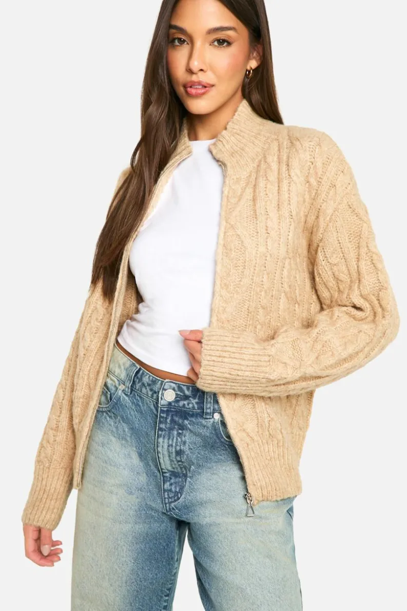 Cardigans|Jumpers & Cardigans*boohoo Premium Heavy Weight Cable Knit Zip Cardigan beige