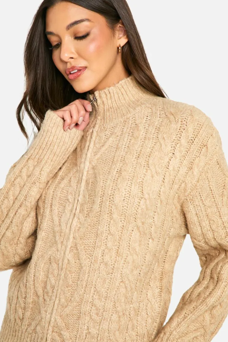 Cardigans|Jumpers & Cardigans*boohoo Premium Heavy Weight Cable Knit Zip Cardigan beige