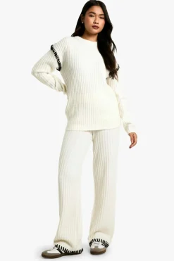 Knitted Co-Ords|Knitwear*boohoo Premium Heavyweight Contrast Trim Jumper And Trouser Knitted Set ecru