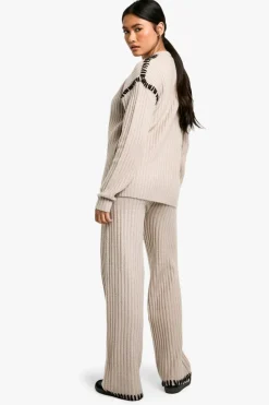 Knitted Co-Ords|Knitwear*boohoo Premium Heavyweight Contrast Trim Jumper And Trouser Knitted Set taupe