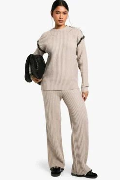 Knitted Co-Ords|Knitwear*boohoo Premium Heavyweight Contrast Trim Jumper And Trouser Knitted Set taupe