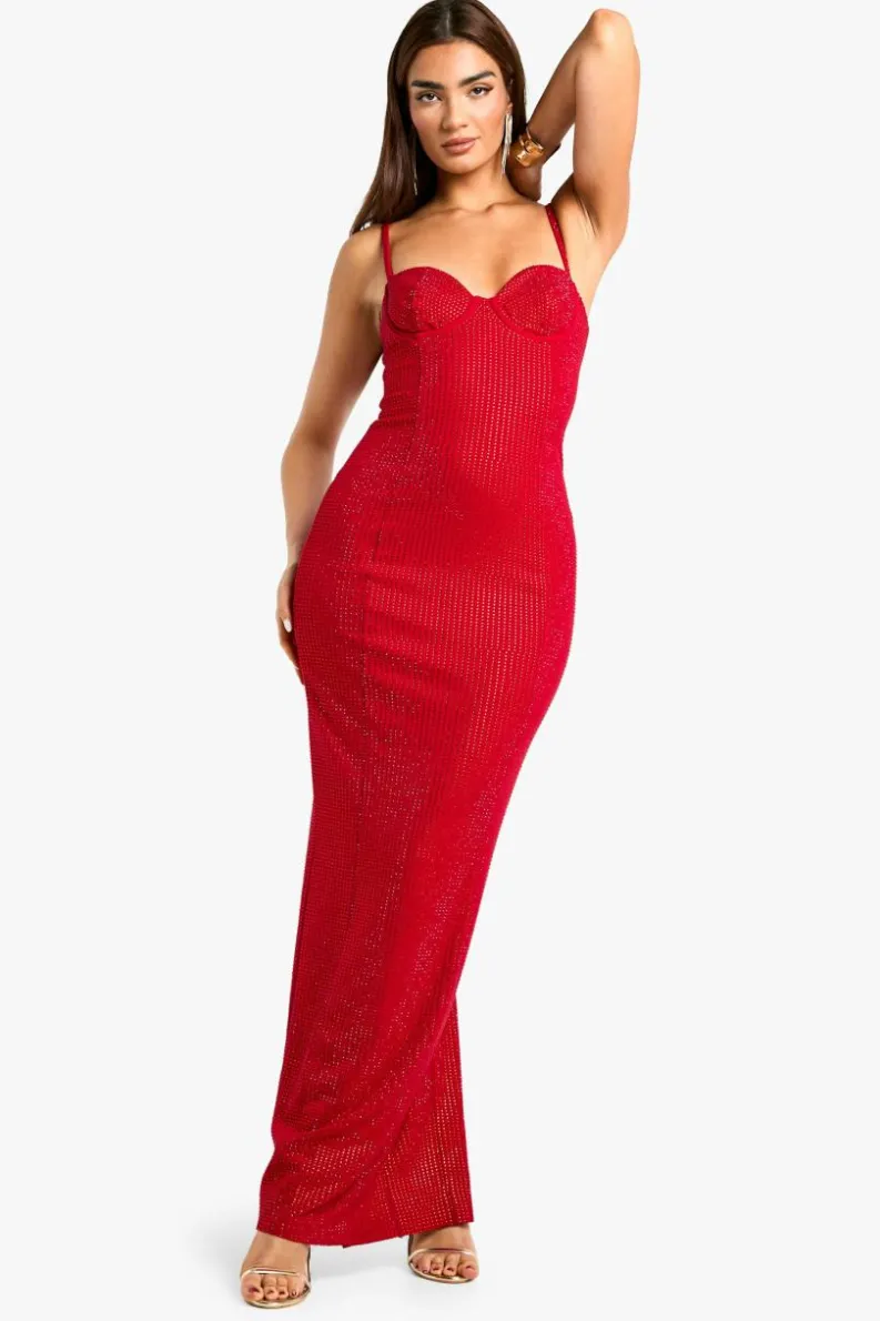 Maxi Dresses*boohoo Premium Hot Fix Corset Maxi Dress red