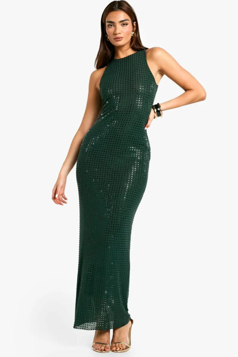 Cami Dresses|Maxi Dresses*boohoo Premium Hot Fix Racer Neck Maxi Dress emerald