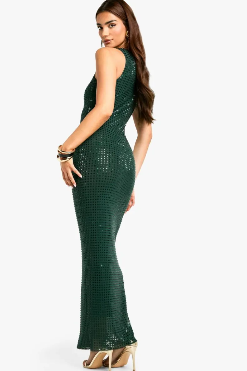 Cami Dresses|Maxi Dresses*boohoo Premium Hot Fix Racer Neck Maxi Dress emerald