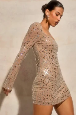 Mini Dresses*boohoo Premium Hot Fix Square Neck Flare Sleeve Mini Dress nude