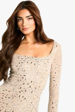 Mini Dresses*boohoo Premium Hot Fix Square Neck Flare Sleeve Mini Dress nude