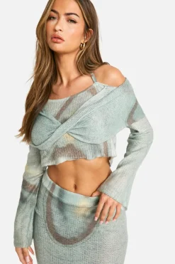 Knitted Co-Ords|Bottoms*boohoo Premium Knitted Abstract Print Bardot Top & Skirt Co-ord multi