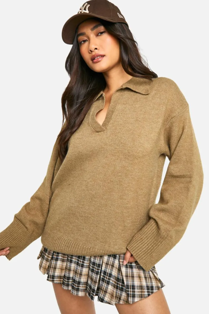 Oversized Jumpers|Jumpers*boohoo Premium Knitted Collared Oversized Jumper mocha