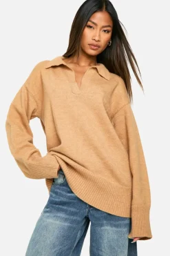 Oversized Jumpers|Jumpers*boohoo Premium Knitted Collared Oversized Jumper beige